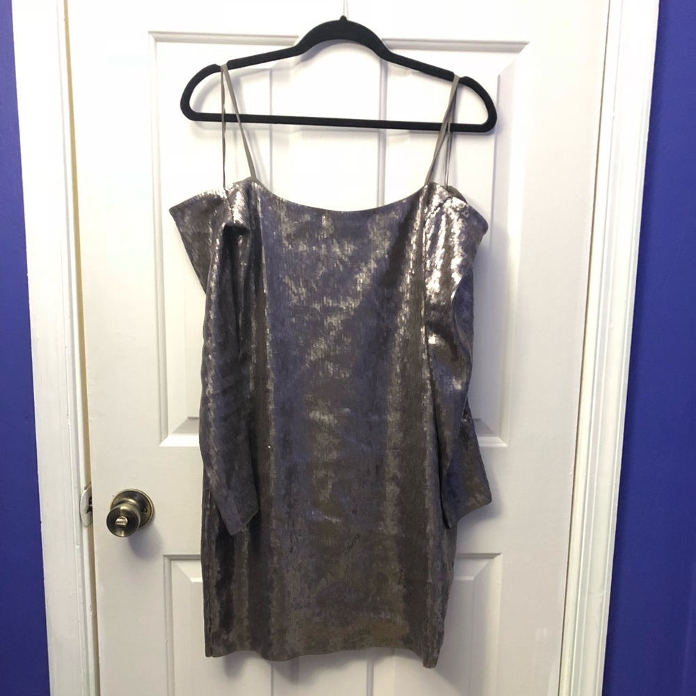 Express Sequin Sheath Off Shoulder Dress